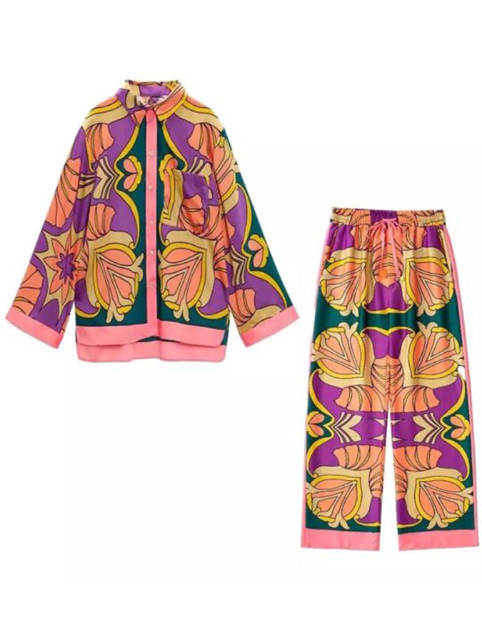 Printed Long Sleeves Blouses and Pants Sets