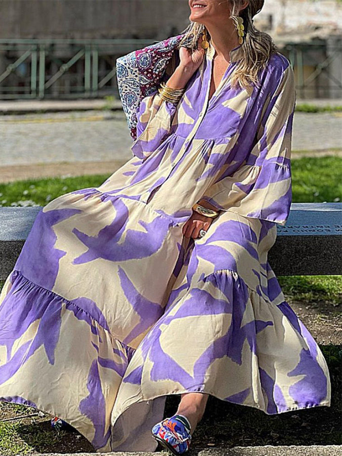 Bell Sleeves Printed V Neck Maxi Dress