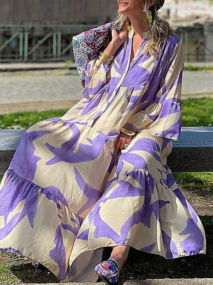 Bell Sleeves Printed V Neck Maxi Dress
