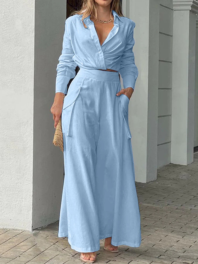 Long Sleeves Shirt and Pockets Wide-leg Pants Sets