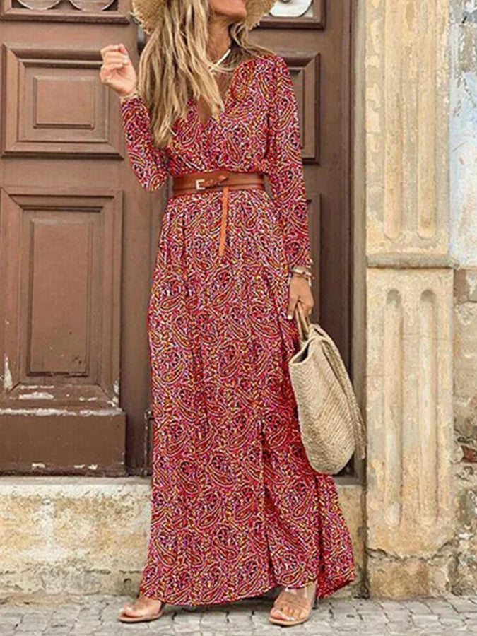 Long Sleeves Printed V Neck Maxi Dress With Belt