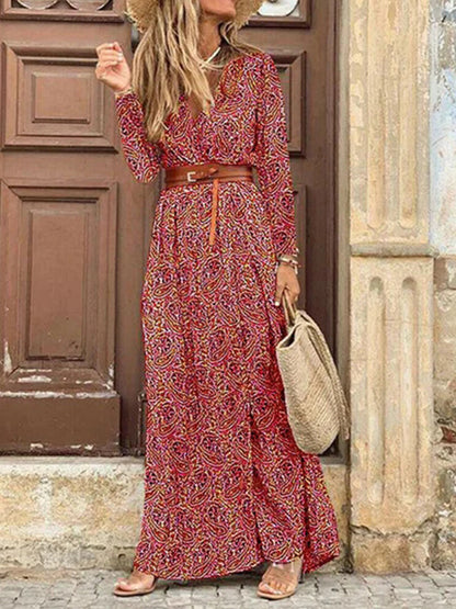 Long Sleeves Printed V Neck Maxi Dress With Belt