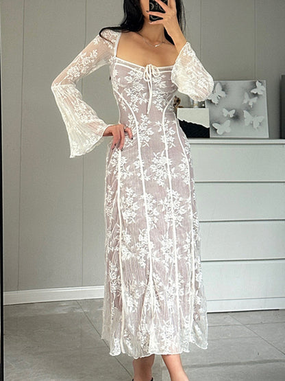 Lace Long Sleeves Croset Maxi Dress