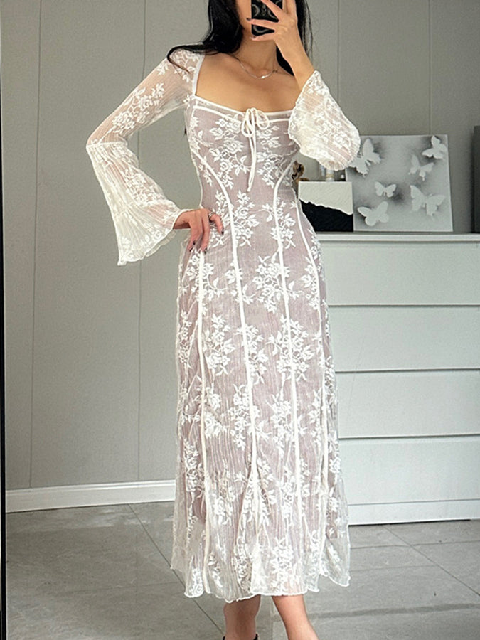Lace Long Sleeves Croset Maxi Dress