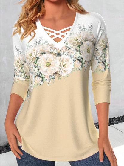 Long Sleeves Printed V Neck T-shirt