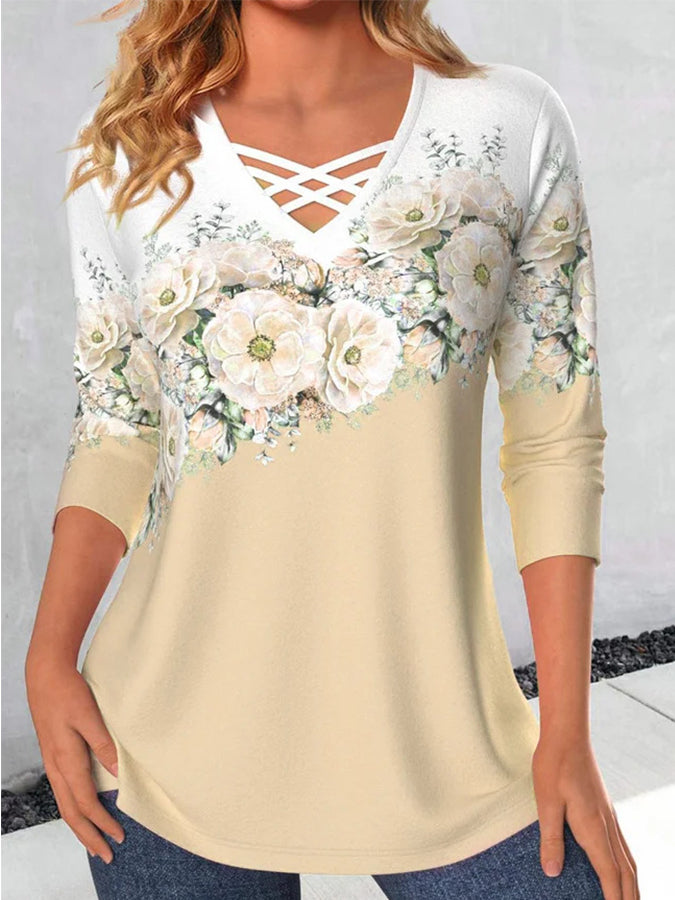 Long Sleeves Printed V Neck T-shirt