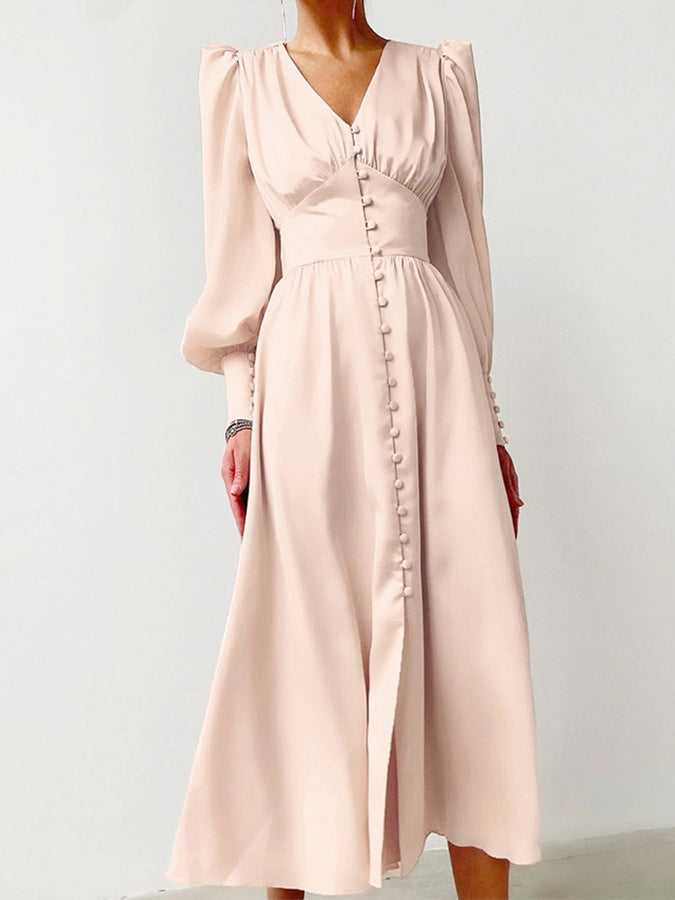 Long Sleeves Buttoned V Neck Maxi Dress