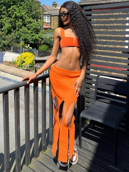 Orange Bikini Set and Cutout Skirt
