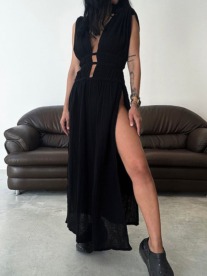 Linen-blend Slit V Neck Maxi Dress