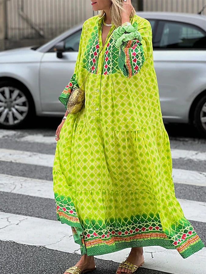 Tribal Long Sleeves Printed Loose Maxi Dress