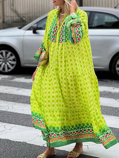 Tribal Long Sleeves Printed Loose Maxi Dress