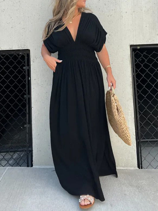 V Neck Batwing Sleeves Elastic Waist Maxi Dress