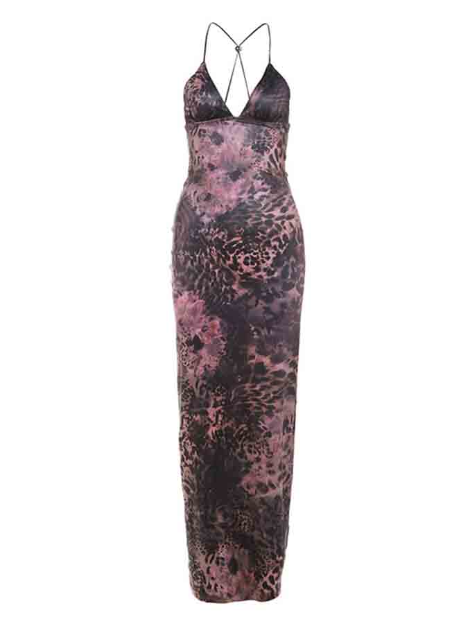 Backless Halter Printed Slim Maxi Dress