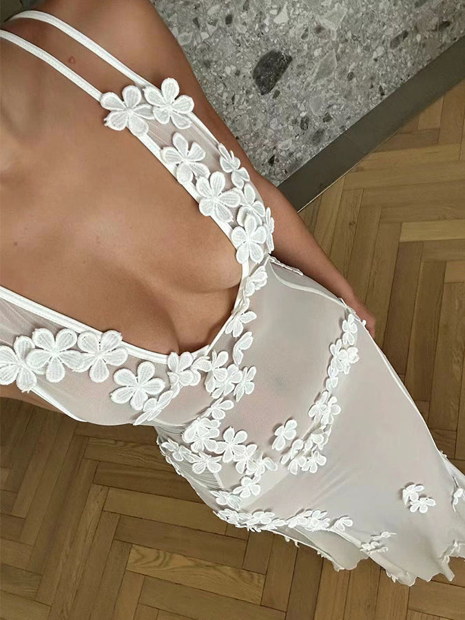 V Neck See-through 3d Flower Slit Maxi Dress
