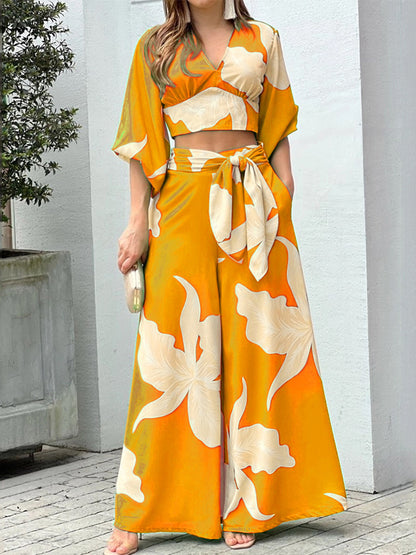 Printed V Neck Shirt and Wide-leg Pants Sets