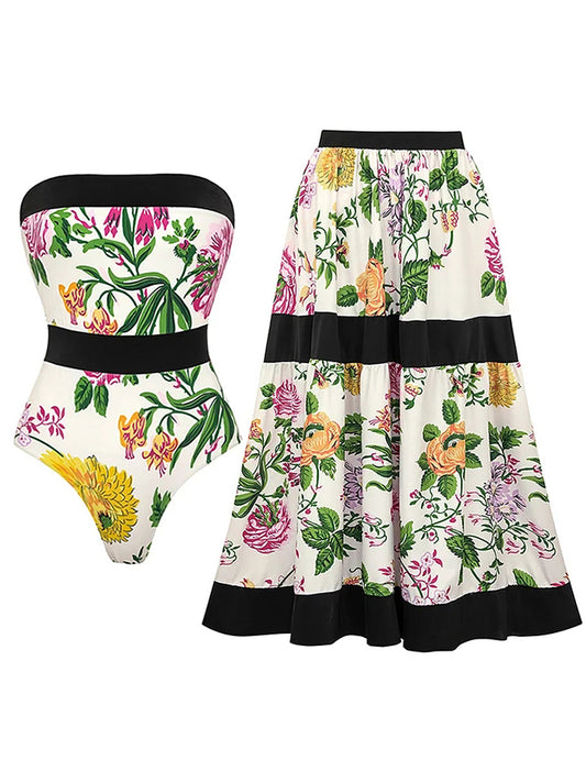 Printed Off Shoulder Color Block One Piece Swimsuit and Skirt