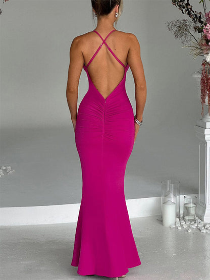 Plunge Backless Halter Slim Evenning Maxi Dress