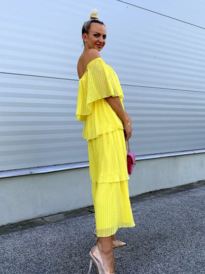 Yellow Off Shoulder Pleated Ruffle Maxi Dress