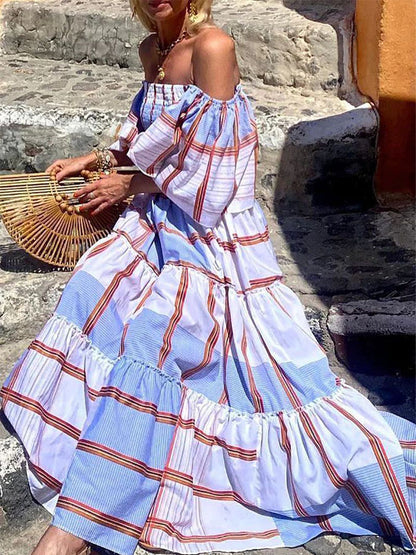 Off Shoulder Ruffle Sleeves Stripes Swing Maxi Dress