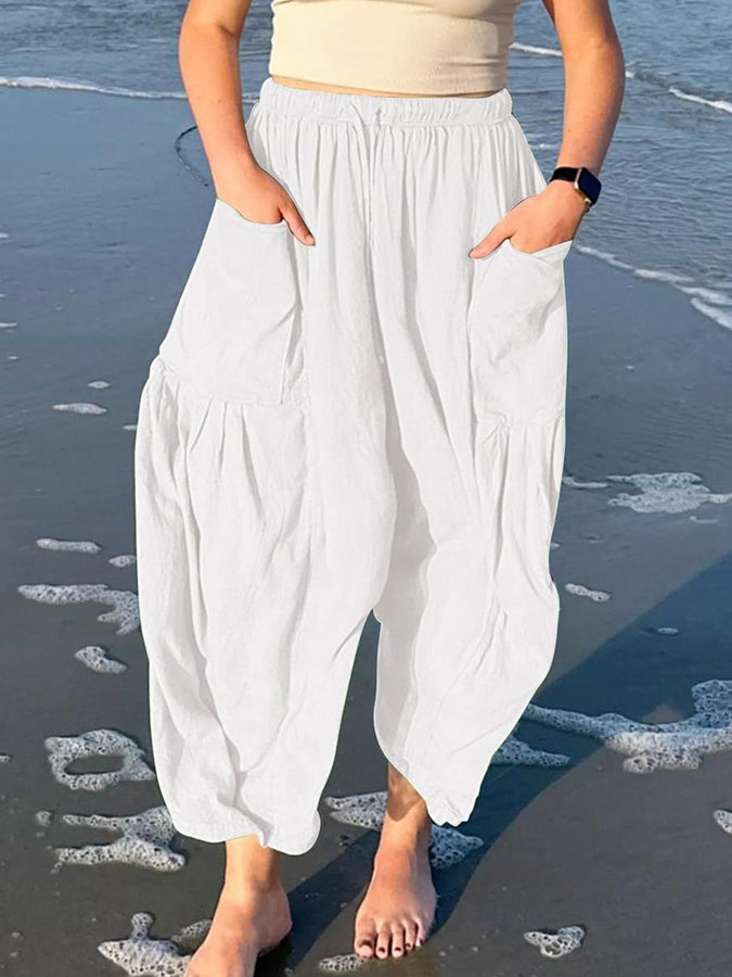 Elastic Waist Pockets Wide-leg Pants
