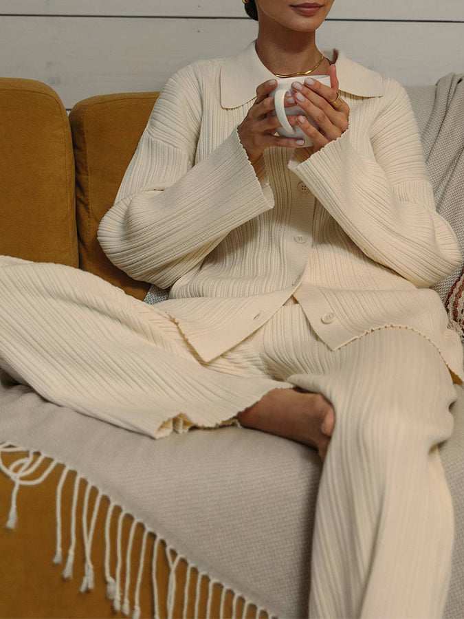 Knitted Buttoned Sweater and Pants Two Pieces Sets