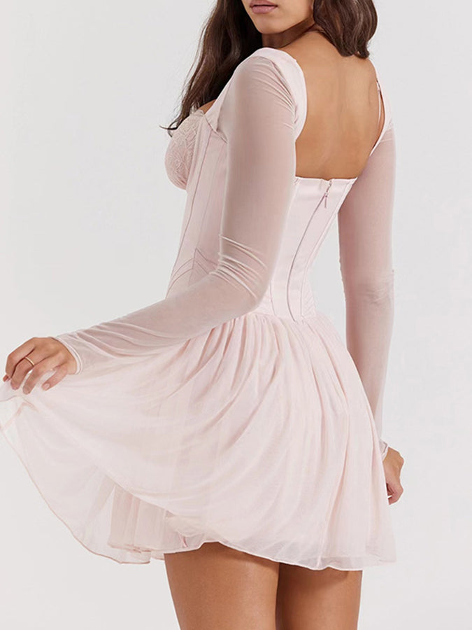 Long Sleeves Mesh Sleeves Croset Mini Dress