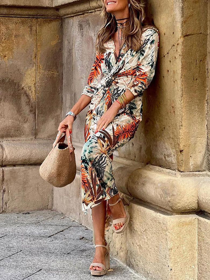 Long Sleeves Leaves Printed V Neck Maxi Dress