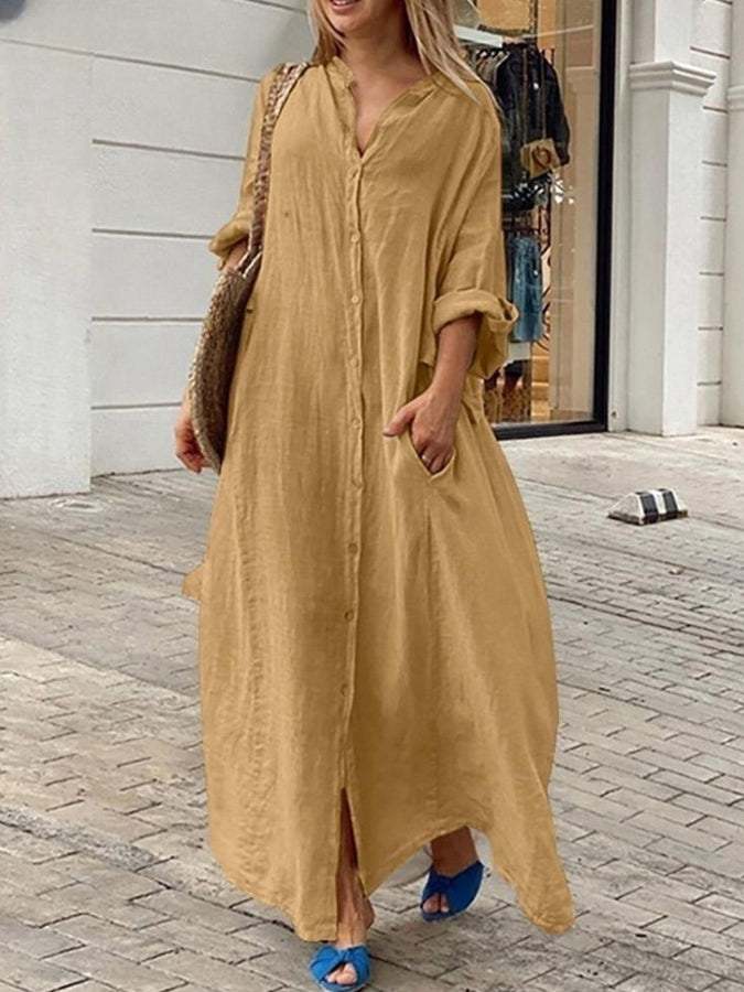 Long Sleeves Shirt Collar Buttoned Maxi Dress