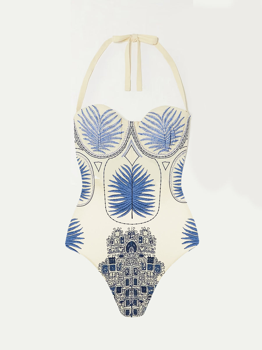 Retro Geometric Pattern One-piece Swimsuit and Skirt