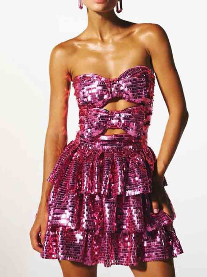 Off Shoulder Bow-tie Sequin Mini Dress