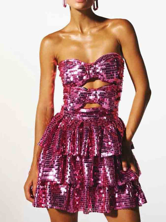 Off Shoulder Bow-tie Sequin Mini Dress
