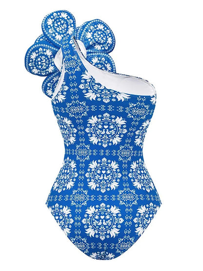 3d Flower One Shoulder Printed One Piece Swimsuit and Skirt