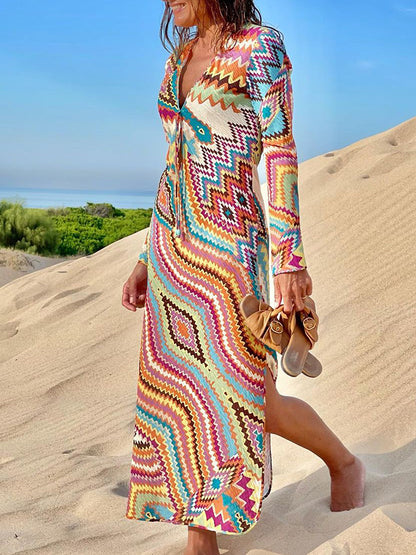 Long Sleeves V Neck Printed Lace-up Maxi Dress
