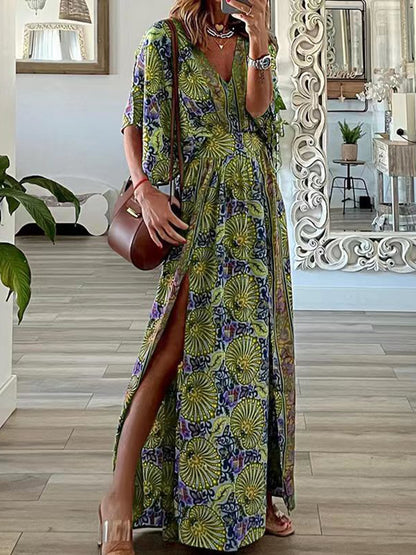 V Neck Loose Printed Slit Maxi Dress