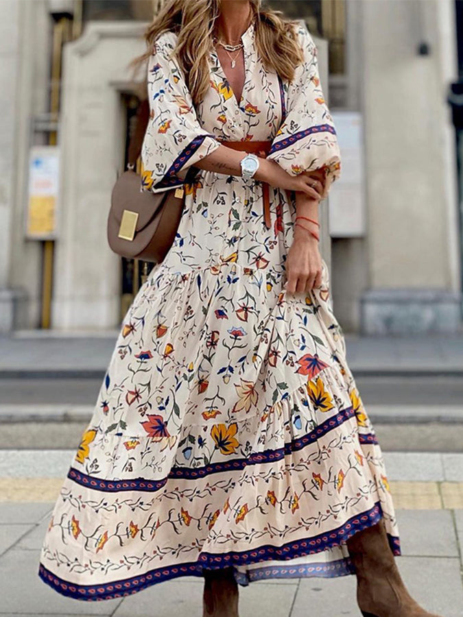 Printed V Neck Maxi Dress Without Belt