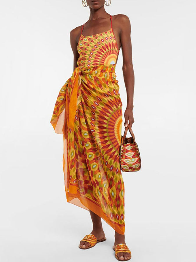 Graphic Printed One Piece Swimsuit and Skirt