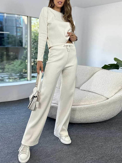 Round Neck Knitted Long Sleeved Top With Elastic Waist Pants Set