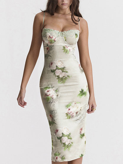 Printed Lace-paneled Midi Dress