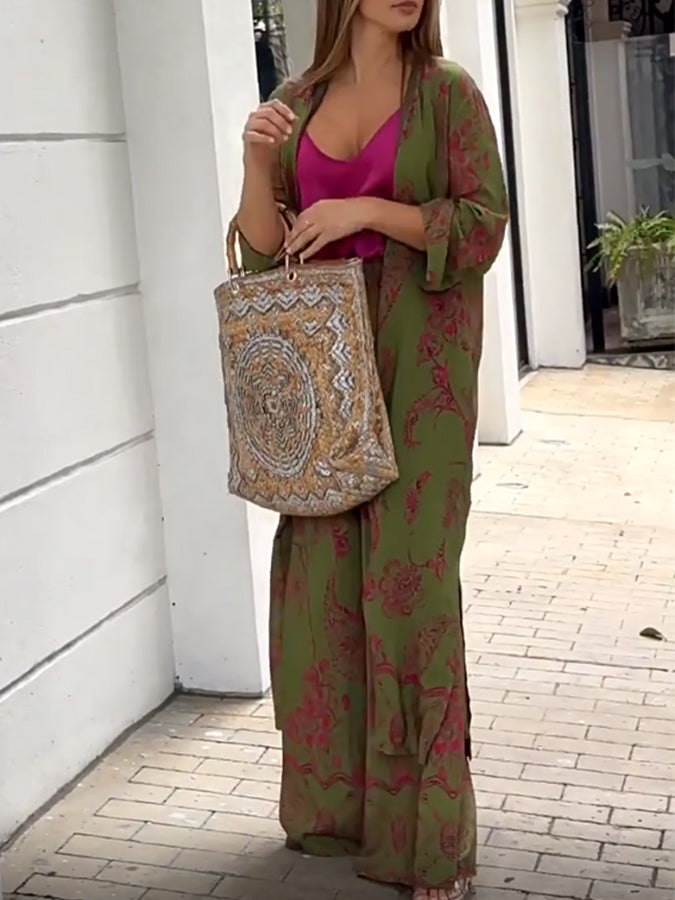 Printed Long Sleeves Cardigan and Pants Sets