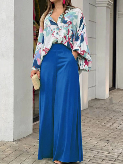 Long Sleeves Printed Shirt and Wide-leg Pants