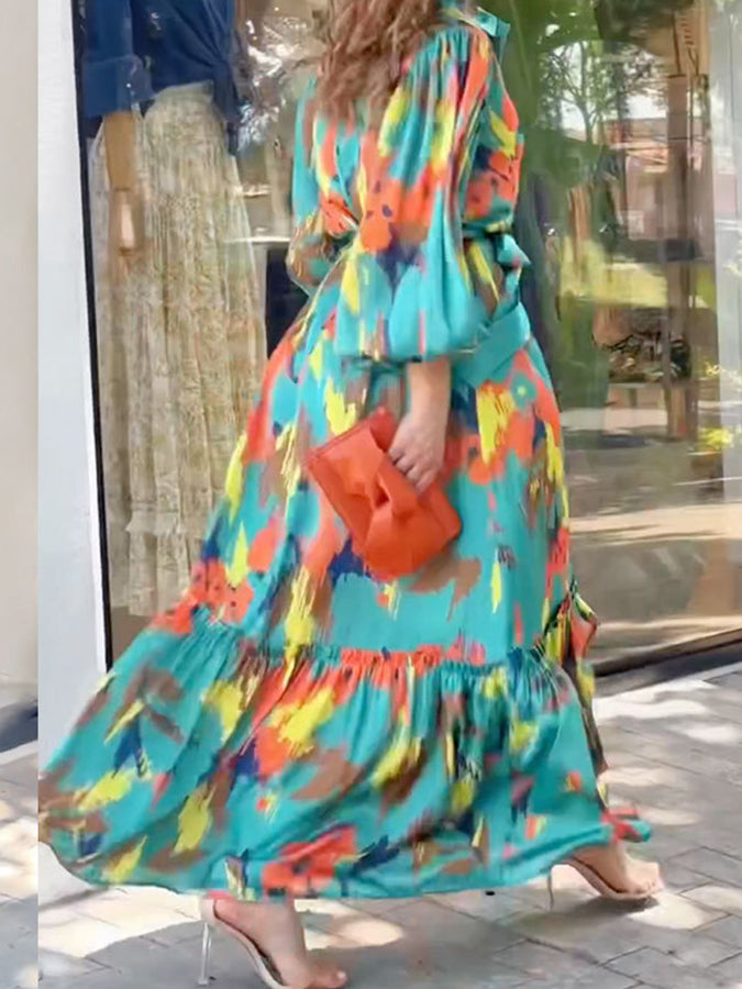 Long Sleeves Printed Shirt Lace-up Maxi Dress