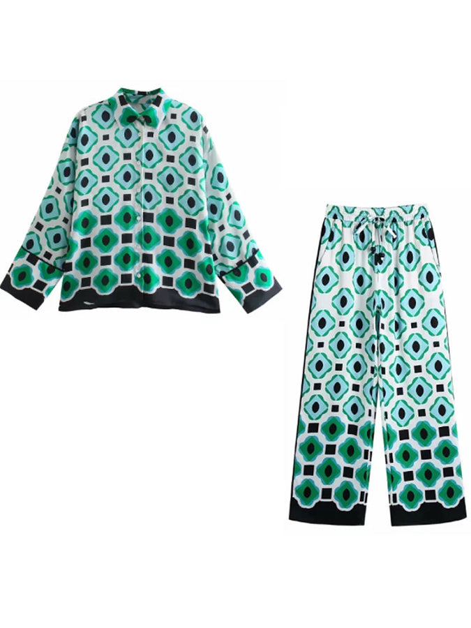 Long Sleeves Geometric Printed Blouses and Pants Sets