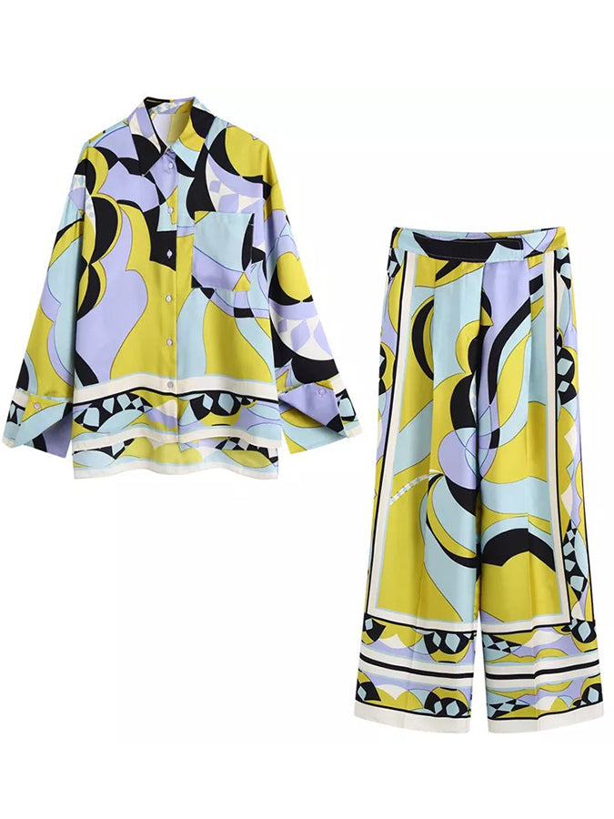 Long Sleeves Geometric Printed Blouses and Pants Sets