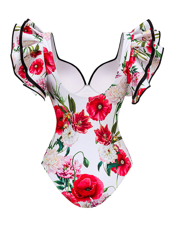Rose Printed One Piece Swimsuit and Skirt