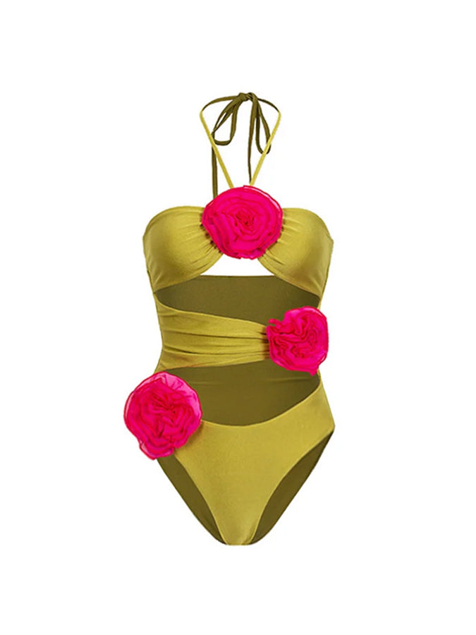 Cut-out 3d Flower One Piece Swimsuit and Skirt