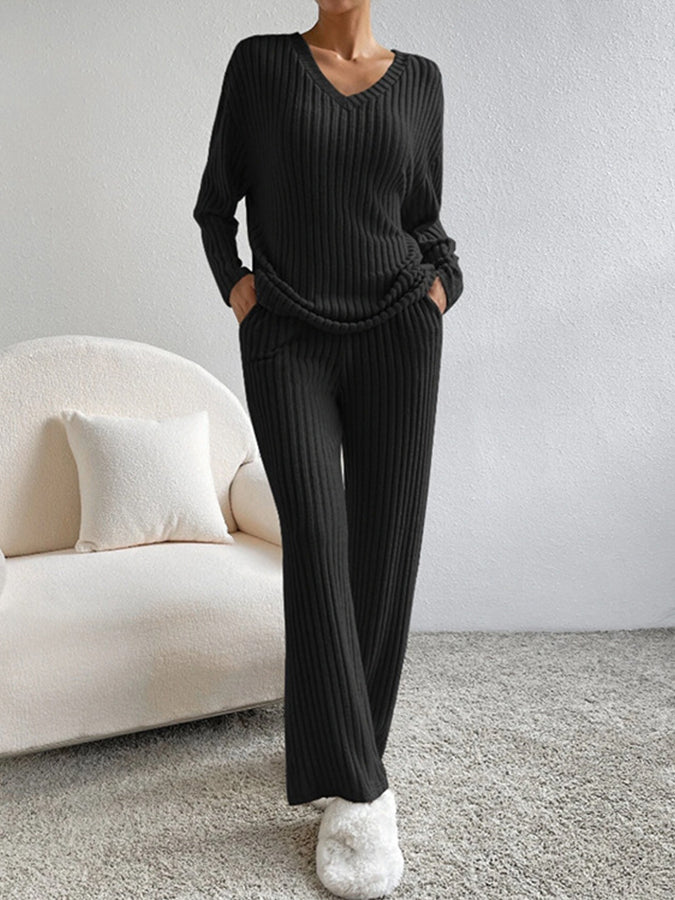 V Neck Long Sleeves Top and Pants Two Pieces Sets