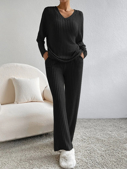 V Neck Long Sleeves Top and Pants Two Pieces Sets
