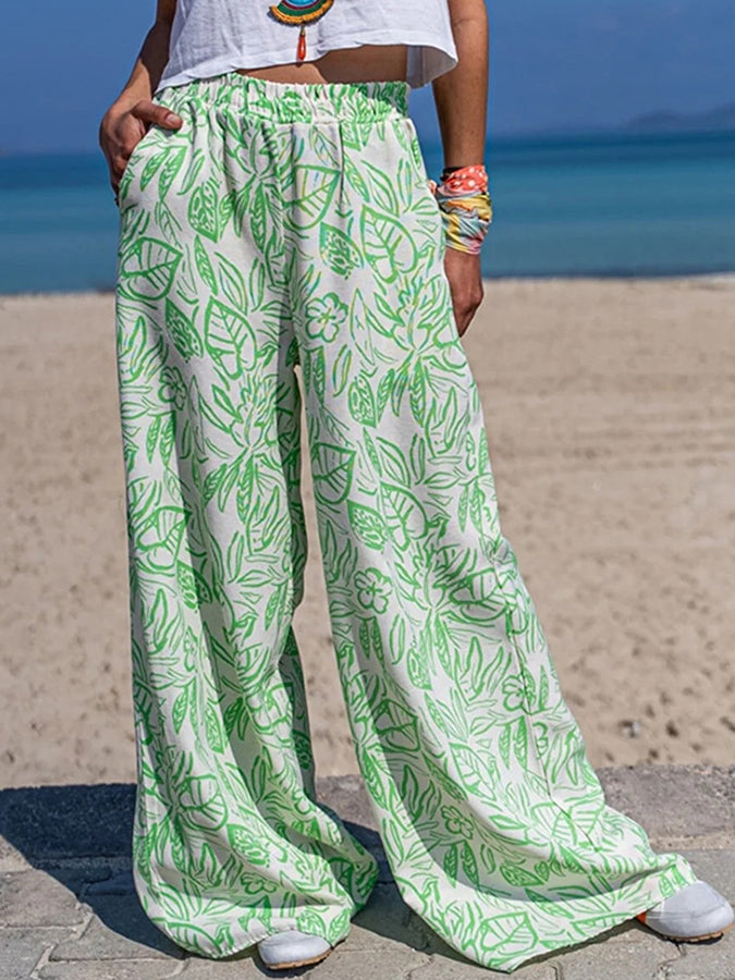 Printed Pockets Elastic Waist Wide-leg Pants