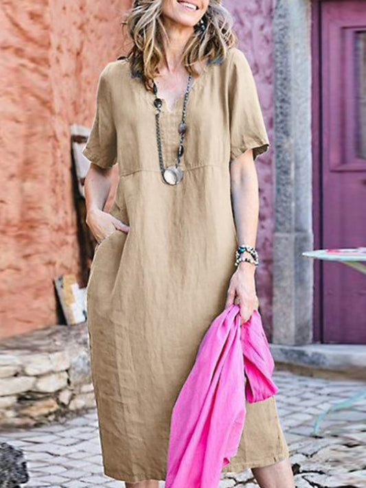 Short Sleeves Pockets Cotton-linen Midi Dress