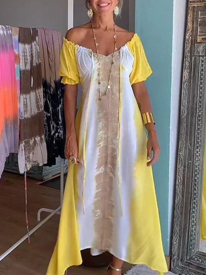V Neck Short Sleeves Printed Asymetrical Holiday Maxi Dress